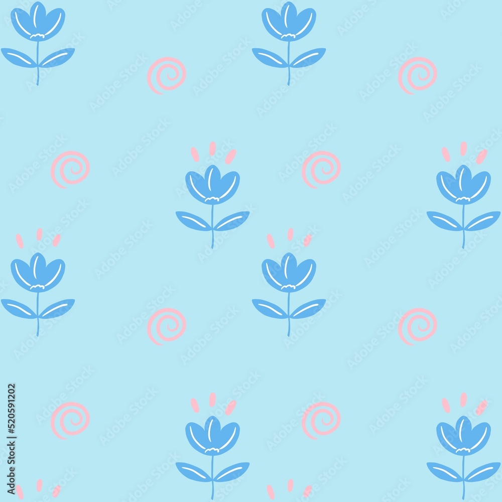 seamless pattern of cute flowers and swirls, on a pink background for printing on paper or on children's textiles seamless pattern of cute flowers and swirls, on a pink background for printing on paper or on children's textiles