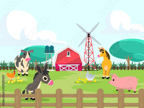 Cute animals in ranch, Farm and agriculture. illustrations of village life and objects Design for banner, layout, annual report, web, flyer, brochure, ad.