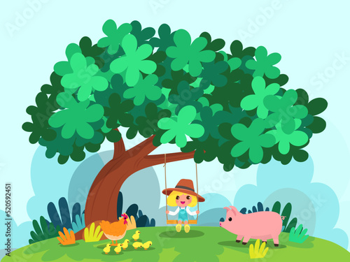 Cute animals in ranch  Farm and agriculture. illustrations of village life and objects Design for banner  layout  annual report  web  flyer  brochure  ad.