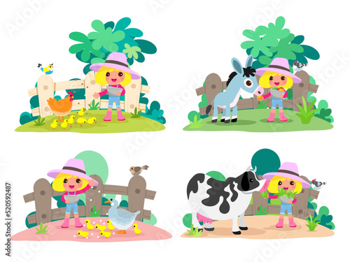 Fototapeta Naklejka Na Ścianę i Meble -  Cute animals in ranch, Farm and agriculture. illustrations of village life and objects Design for banner, layout, annual report, web, flyer, brochure, ad.