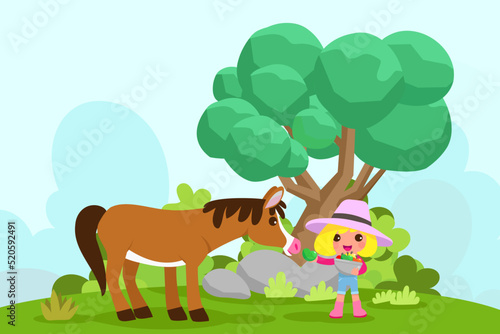 Cute animals in ranch, Farm and agriculture. illustrations of village life and objects Design for banner, layout, annual report, web, flyer, brochure, ad.