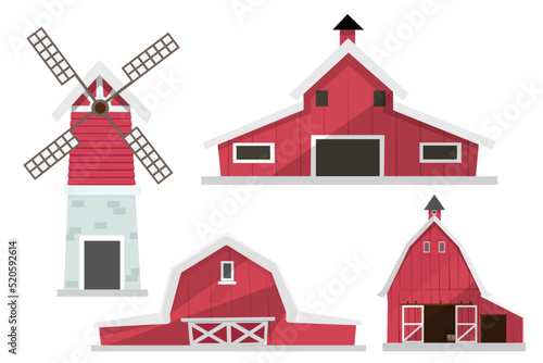 Set of farm elements. Agriculture isolated illustrations. Barn buildings, wind turbines.