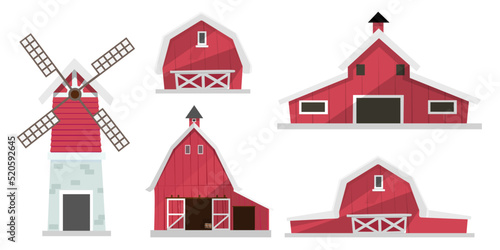 Set of farm elements. Agriculture isolated illustrations. Barn buildings, wind turbines.