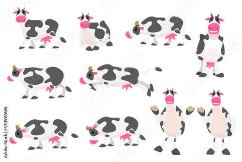 Milk cows on the ranch in a variety of actions and emotions.