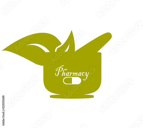 Vector design of mortar and pestle pharmacy olive green color against a white background. With capsule, pharmacy word sign.