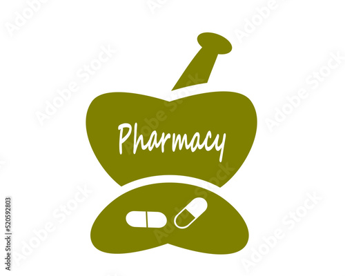 Vector design of mortar and pestle pharmacy olive green color against a white background. With capsule, pharmacy word sign.