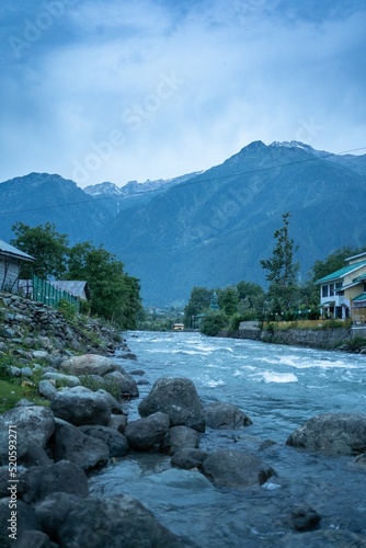 The Lidder River runs through scenic Betaab Valley. Southeast, Tulian Lake is flanked by mountain photo