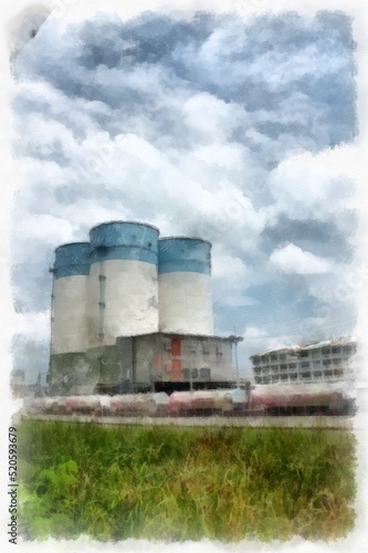 factory silo watercolor style illustration impressionist painting.