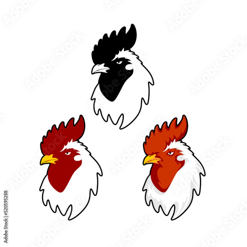 Set of black and red rooster sketches isolated on a white background