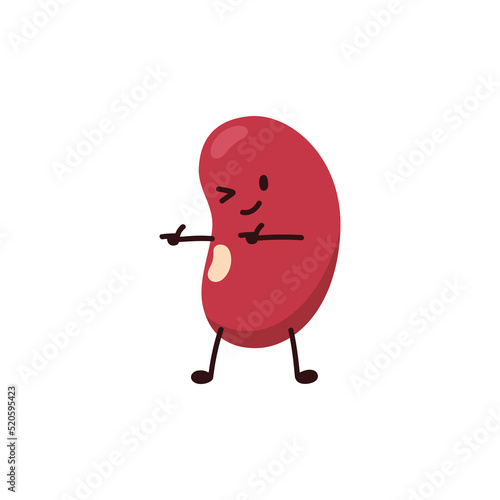 Cute kidney bean with funny face pointing index fingers, flat vector illustration isolated on white background.