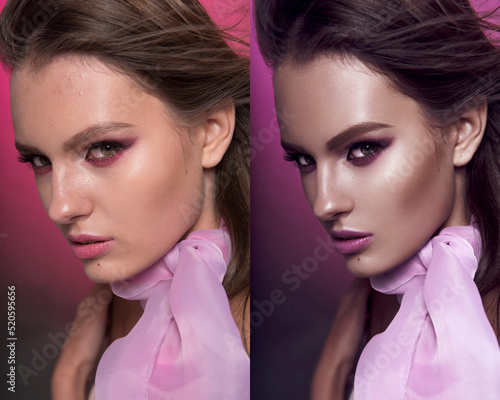 Before and after retouch. Beautiful fashionable girl haired with long curly hair posing with a pink bow on a pink background. Fashion, beauty. Bright makeup. Cosmetics for hair, healthy hair.