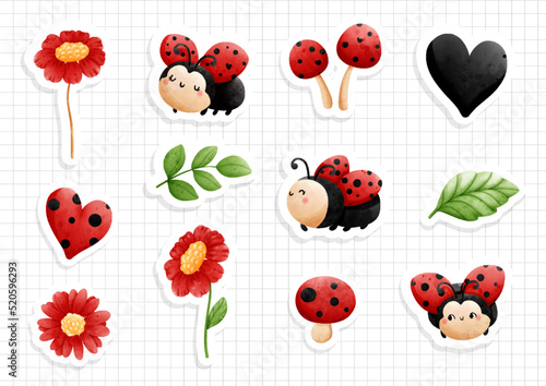 Watercolor ladybug collection, ladybug sticker sheet. Vector illustration