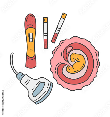 Pregnancy tests, embryo in the womb and ultrasound, vector illustration in doodle hand drawn cartoon style