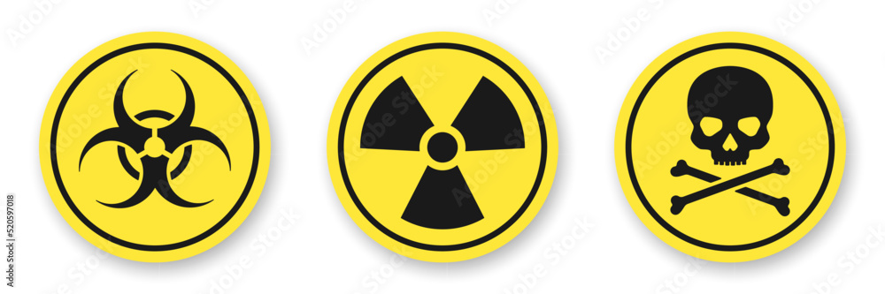 Biohazard, radiation and poison flat icons collection. Black vector warning glyphs on yellow background. Best for print, package, mobile apps, UI and web design. Biohazard, radiation and poison flat icons collection. Black vector warning glyphs on yellow background. Best for print, package, mobile apps, UI and web design.