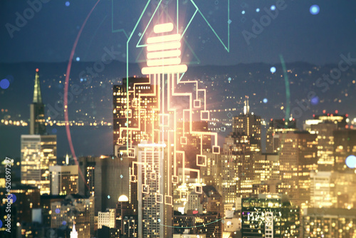 Virtual creative idea concept with light bulb and microcircuit illustration on San Francisco skyline background. Neural networks and machine learning concept. Multiexposure