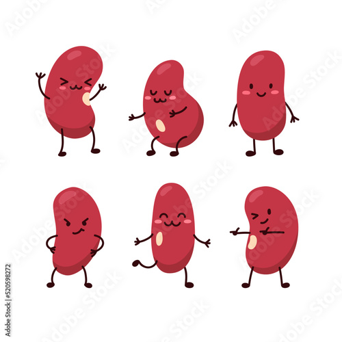 Cute kidney beans with face and different emotions, cartoon flat vector illustration isolated on white background.