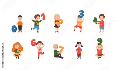 Small funny children hold numbers from 1 to 9 in their hands. Vector flat illustration of set of junior school characters isolated on white background.