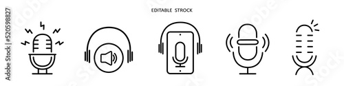 Audio podcast icon set. Microphone vector logo with headphone. Black outline podcast radio symbol. Studio microphone table broadcast icon. Audio volume line sign