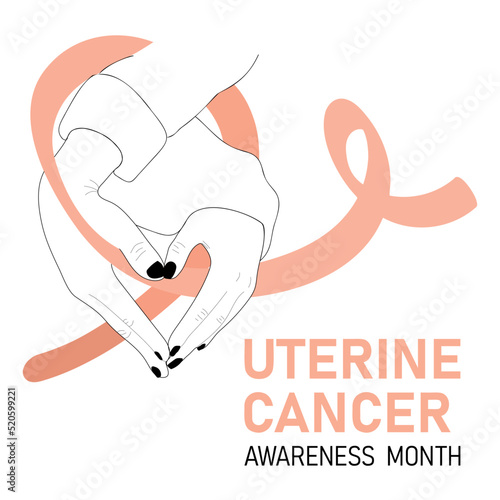 Uterine Cancer Awareness Month poster. Vector cartoon illustration of  hands with a heart shape holding a ribbon.