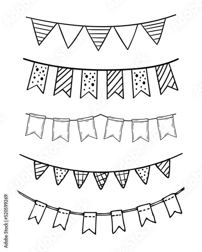 Doodle party bunting flags set for decoration. Black line sketch garlands. Hand drawn vector illustration. Doodle party drawing. Celebration bunting