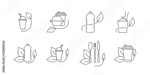 Fast food and take away eco packaging symbol for restaurant, cafe, bistro and diner. Plastic free and recyclable. Editable stroke. Vector stock illustration isolated on white background. 