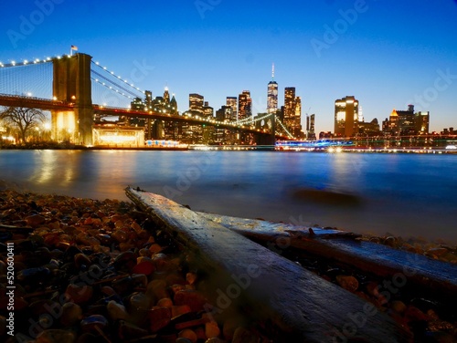 Lower Manhattan View from Dumbo,Brooklyn,New York City,Night view. 
Brooklyn Bridge, World Trade Center 