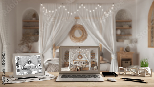 Architect designer desktop concept, laptop and tablet on wooden desk with screen showing interior design project and CAD sketch, blurred draft in the background, boho chic bedroom