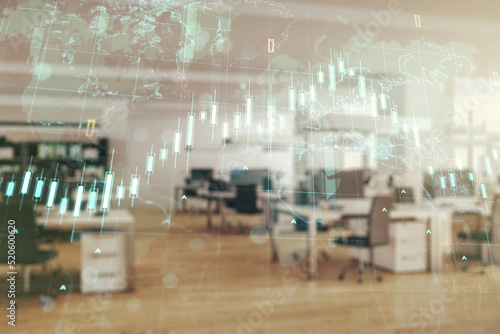 Double exposure of abstract creative financial chart hologram and world map on modern corporate office background  research and strategy concept