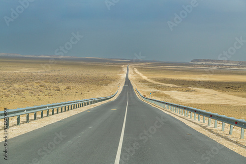Long straight road in Mangystau, Kazakhstan