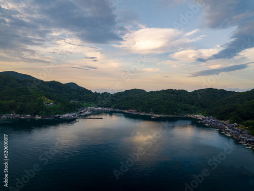 Dramatic sky over small fishing village of Ine in northern Kyoto at blue hour