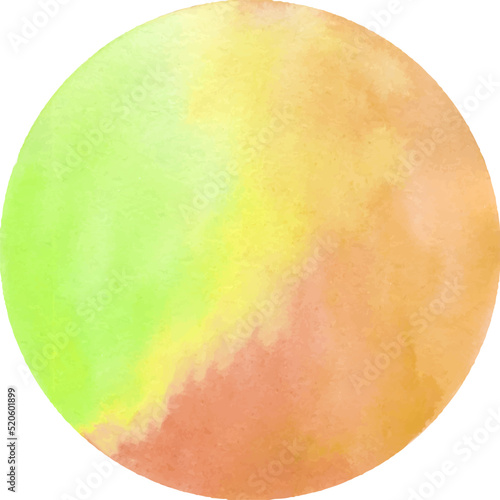 Round watercolor stain on white background, with overflow gradients of green and orange. Smears of paints