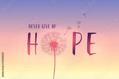 hope typography with dandelion on purple sky background