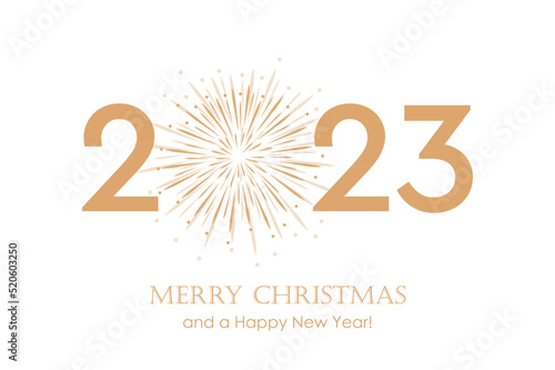 happy new year 2023 typography with fireworks on white