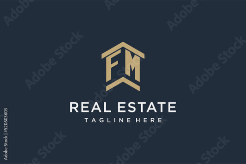 Initial FM logo for real estate with simple and creative house roof icon logo design ideas