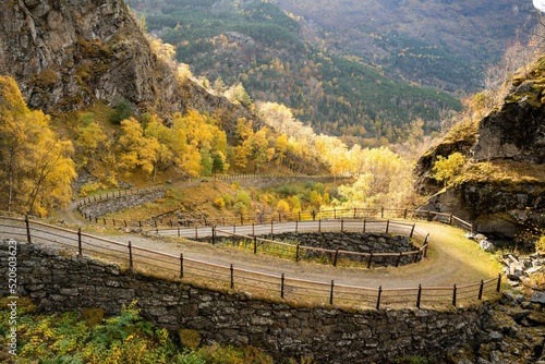 Aerial shot of the Vindhellavegen hiking road in Borgund, Norway photo