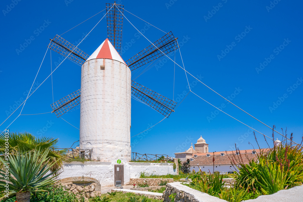 View of whitewashed windmill and Tourist Info Centre, Es Castell, Menorca, Balearic Islands, Spain View of whitewashed windmill and Tourist Info Centre, Es Castell, Menorca, Balearic Islands, Spain