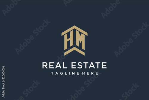 Initial HM logo for real estate with simple and creative house roof icon logo design ideas