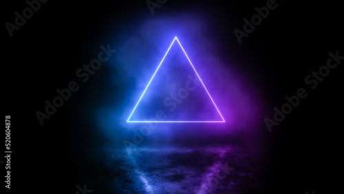 A bright mystical neon triangular portal hanging over a concrete floor in the dark with smoke flying past it  cosmic creative landscape  fantasy modern design  abstract background