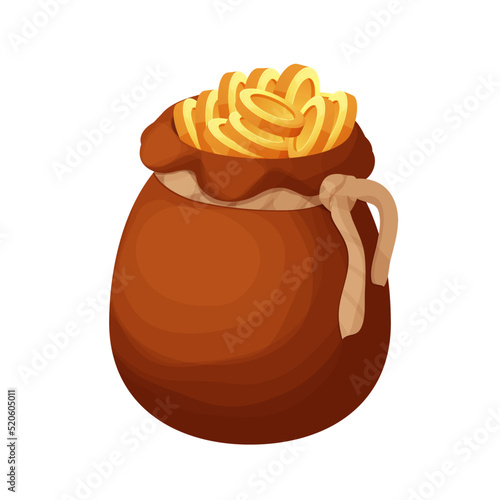 Old bag with golden coins in cartoon style isolated on white background. Money bag, treasure obgect. Ui icon, asset.