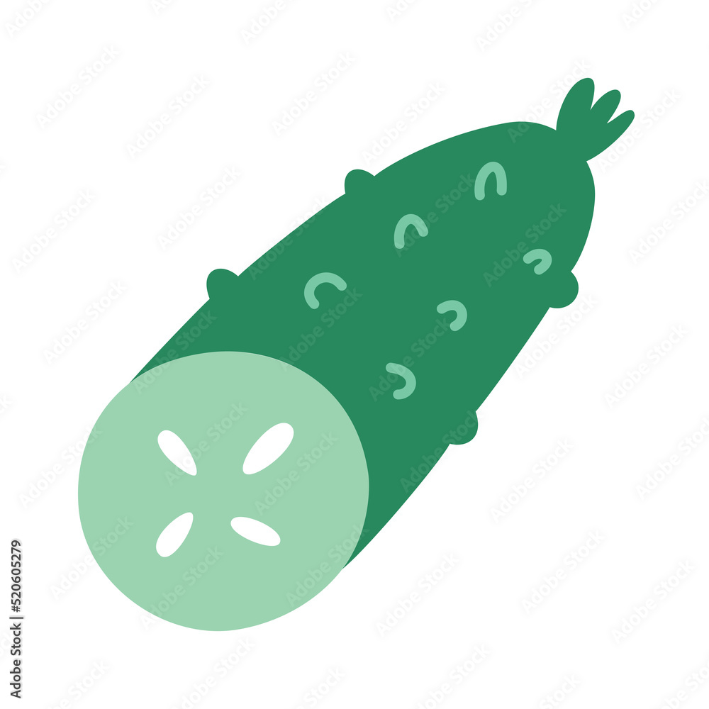 Hand drawn cucumber doodle icon, vector illustration of half of a cucumber with seeds, isolated colored clipart on white background, organic vegetarian eating, farm vegetable food Hand drawn cucumber doodle icon, vector illustration of half of a cucumber with seeds, isolated colored clipart on white background, organic vegetarian eating, farm vegetable food