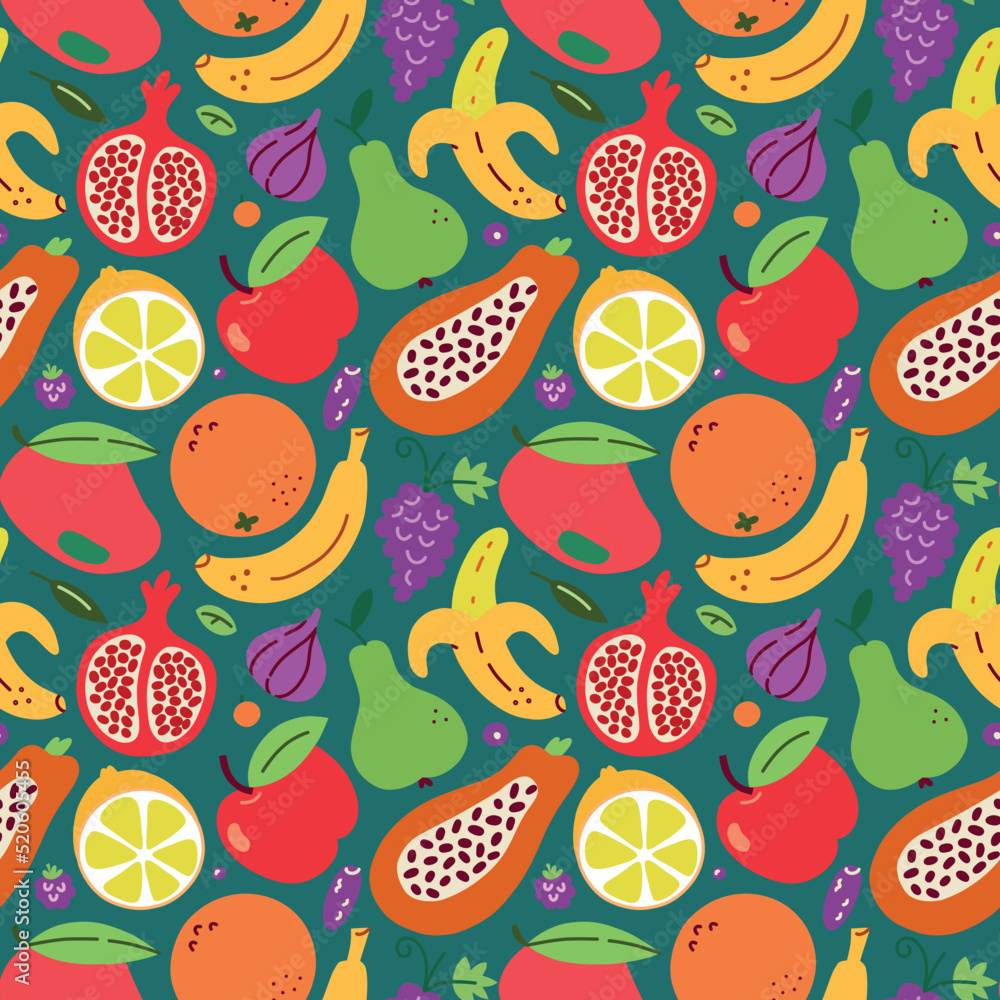 Hand drawn fruit seamless colored pattern on green background, bright vector doodle icons of various fruits, illustrations of apple, orange, banana, colored pattern on green background, healthy fresh 