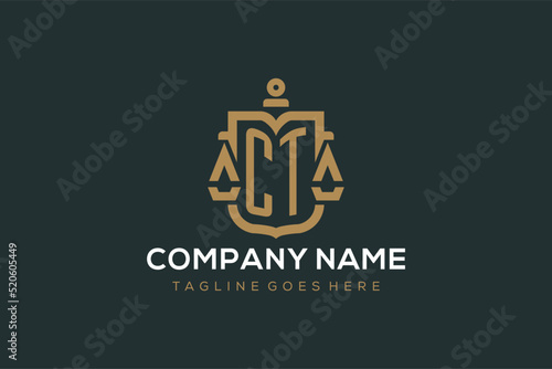Initial CT logo for law firm with luxury modern scale and shield icon logo design