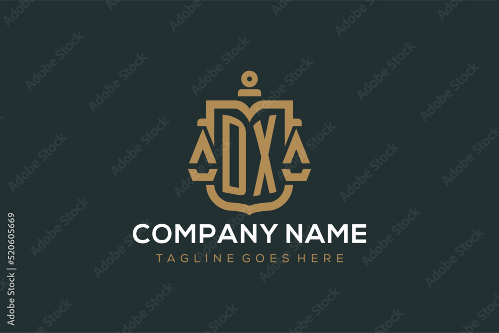 Initial DX logo for law firm with luxury modern scale and shield icon