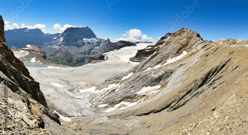 View of the clariden glacier with the glacial lake. Hiking in the Glarus Alps. climate  melting glaciers. High quality photo