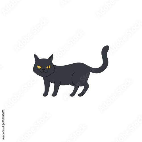 Angry and spooky black cat as symbol of bad luck, flat vector illustration isolated on white background.