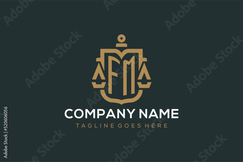 Initial FM logo for law firm with luxury modern scale and shield icon logo design