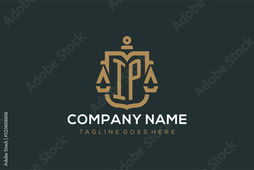 Initial IP logo for law firm with luxury modern scale and shield icon logo design