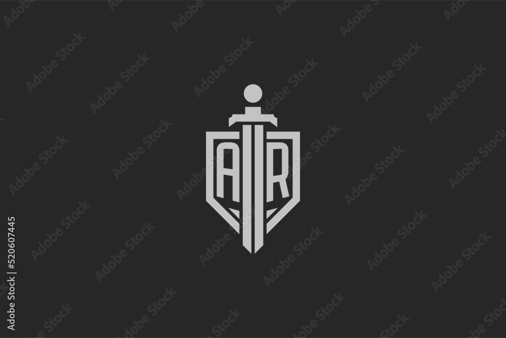 Letter AR logo with shield and sword icon design in geometric style ...