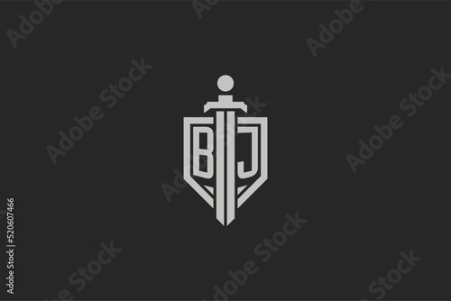 Letter BJ logo with shield and sword icon design in geometric style