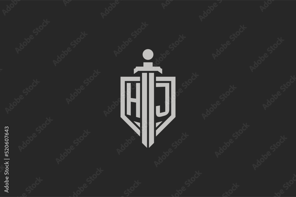 Letter HJ logo with shield and sword icon design in geometric style ...